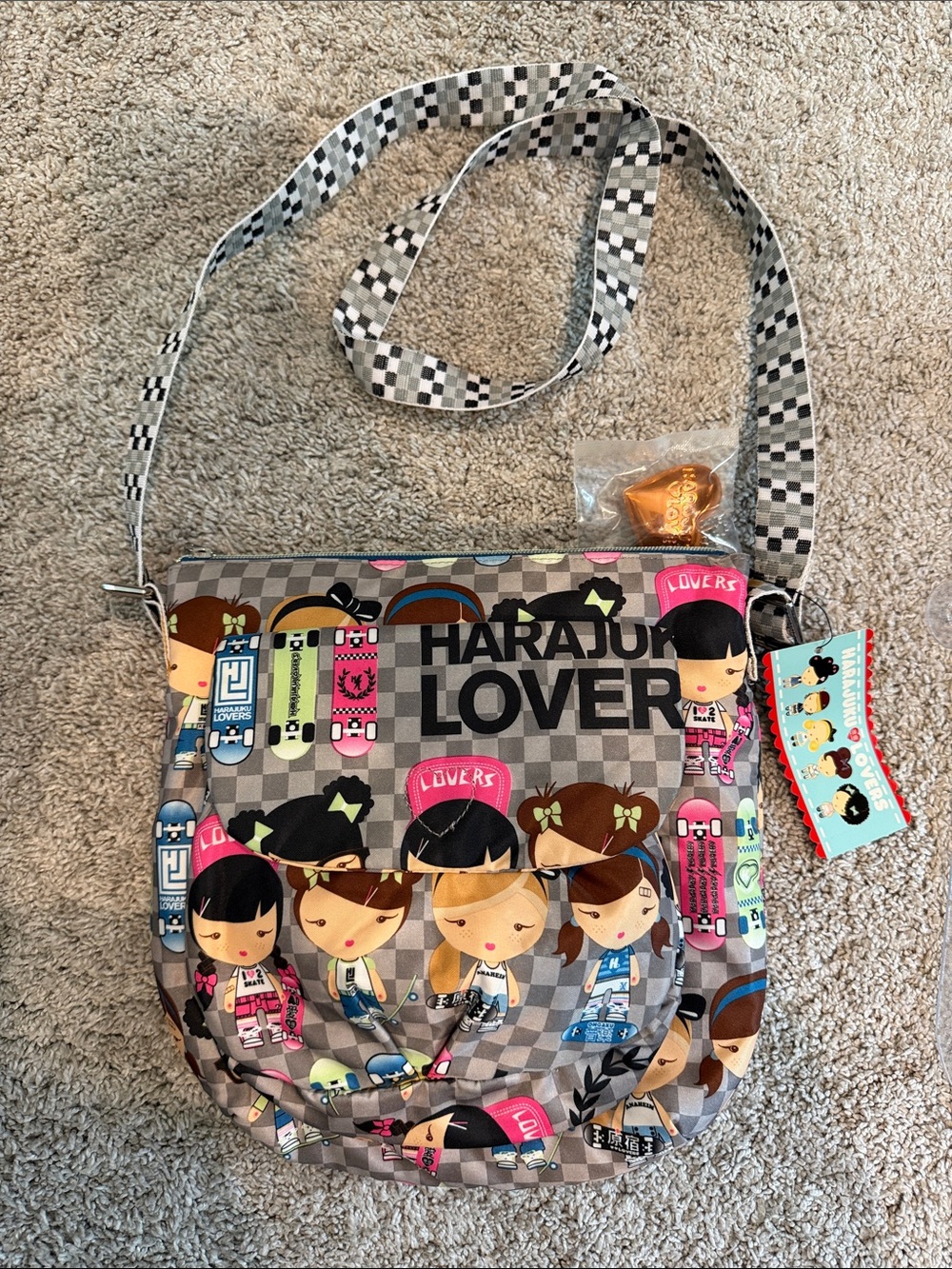 Harajuku Lovers Kids Checkerboard Crossbody Bag with Multicolor Characters